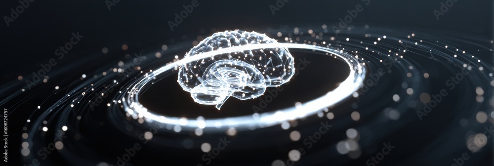 Poster flowing data around a glowing brain icon in an abstract digital representation with a clean backgrou