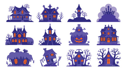 Halloween Haunted Houses 12 Purple Illustrations for Cards Decorations and Digital Projects