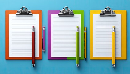 Colorful clipboards with lined paper and writing utensils.