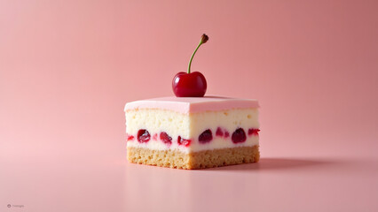 Cherry topped cake slice on pink background, perfect for dessert and food concepts.