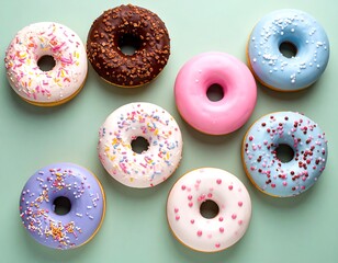 Assorted glazed donuts on pastel background