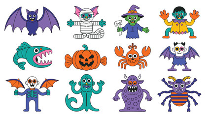 Obraz premium Cute Halloween Monsters Character Set for Parties Designs