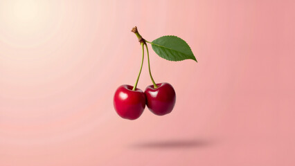 Floating cherries with stem and leaf against pink background