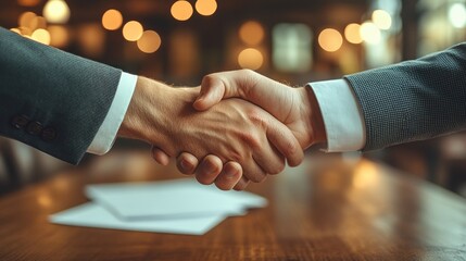 Two men in suits shake hands over a wooden table with papers