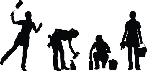 Diverse Set of Women Silhouettes in Various Poses Including Sitting, Jumping, Walking, and Standing, Representing Female Figures and Fashion, Flat Vector Illustration