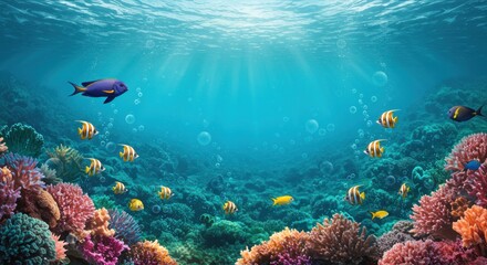 Underwater coral reef scene with vibrant fish and sunbeams