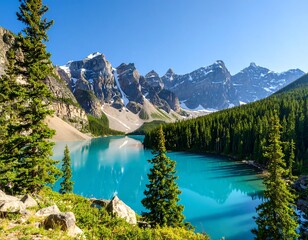 Serene alpine lake nestled between towering snow-capped mountains, surrounded by lush evergreen forests under a vibrant blue sky