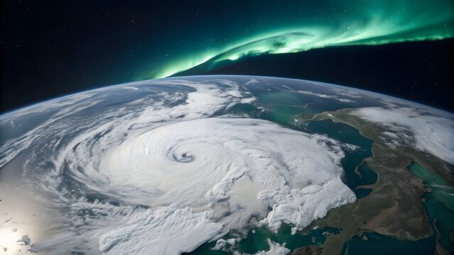 Celestial Symphony: Earth's dynamic dance, where a powerful hurricane whirls beneath the ethereal glow of aurora borealis, illustrating the stunning interactions between atmospheric elements.