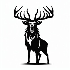 Majestic stag with large antlers roaring in silhouette against a white background