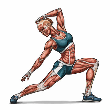 Anatomical female figure demonstrating the muscular system while stretching on an isolated white background with copy space.