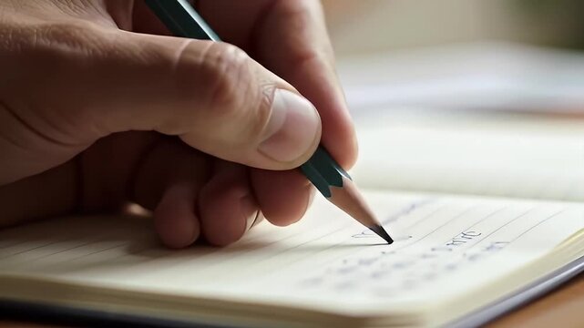 Hand is writing blue script with a pencil in an open notebook with lined paper