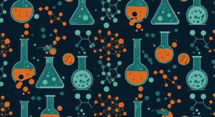 Vintage chemistry lab equipment and molecular structures on a dark background