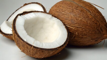 Tropical Delight: A close-up of freshly cut coconuts showcasing the raw natural texture, juicy meat, and earthy husk. The image evokes freshness and the tropical atmosphere.