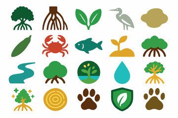 Mangrove Day Eco Icons Set Wildlife, Roots, Water Conservation Symbols Collection