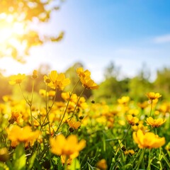 Fototapeta premium Bright yellow flowers in a sunny field