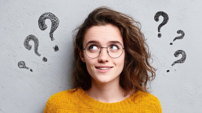 curiosity, information, knowledge, education and people concept - happy young woman or teenage girl head with question marks, no logos, no brands