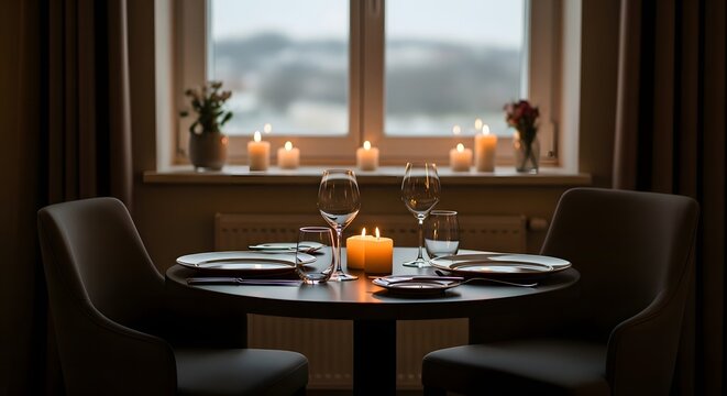 Elegant dining table set for a romantic dinner for two, illuminated by warm candlelight by a window.