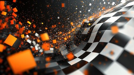 Waving checkered flag with scattered orange and white squares