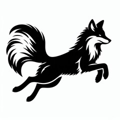 Stylized black fox leaping with a bushy tail in silhouette