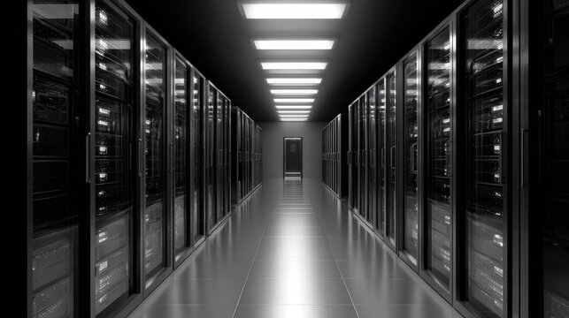 A data center hallway lined with server racks and lights