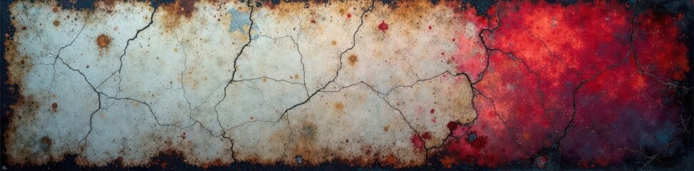 Cracked, stained billboard; ghostly remnants of ads , paint, texture, rust