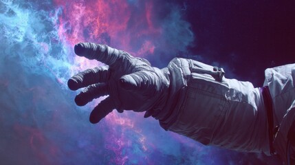 Astronaut's gloved hand reaches out to touch the cosmos in stunning colorful display