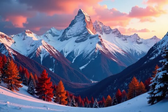 Crimson dawn crests over snow-dusted Swiss peaks, autumn leaves below , mountain range, orange - Powered by Adobe