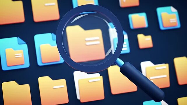 Magnifying glass focused on folders and files against a dark, digital backdrop