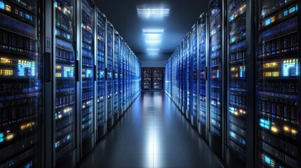 High performance data servers. Ultra high performance servers in data center rack, operating at full load with stability and optimum processing power. Glowing hardware and cables