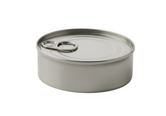 A closed silver tuna can with a pull ring sits isolated on white or transparent background. PNG