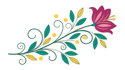 Decorative Floral Branch with Pink Flower and Green Leaves Vector Ornament