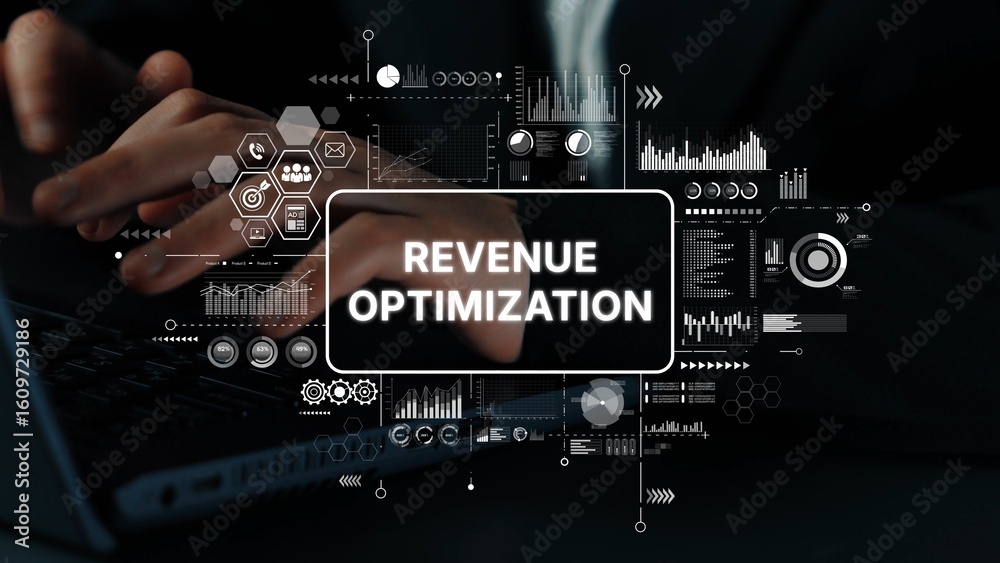 Poster hands on laptop with revenue optimization text and data visualization graphics for business growth a