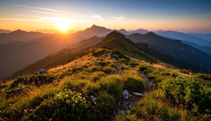 Hiking Mountain Ridge at Sunrise with Golden Light