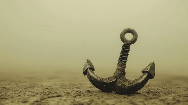 Rusty Anchor on Sandy Ground Under Foggy Weather Conditions