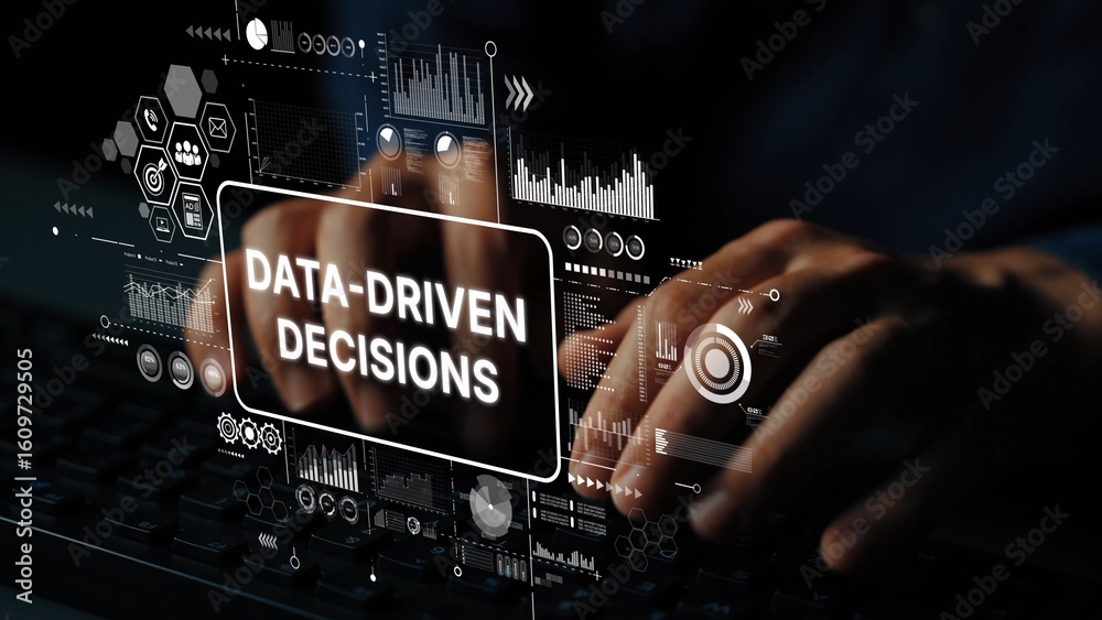 Poster hands typing on keyboard with digital data graphics for data-driven decisions illustration. asymptot