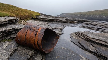 Rusty Barrel on Rocky Shoreline with Foggy Landscape in Background