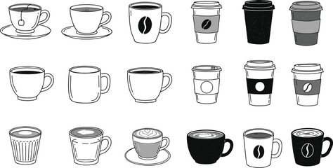Hand-Drawn Collection of Various Coffee Cups, Mugs, and Disposable To-Go Containers, Perfect for Cafe Menus and Beverage-Themed Designs, Flat Vector Illustration