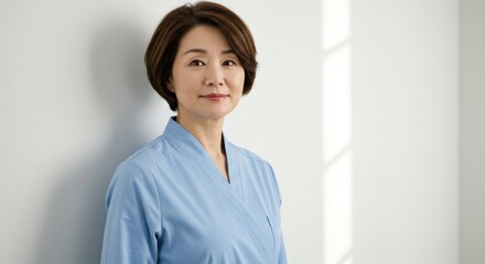 Woman in blue scrub top posing against white wall