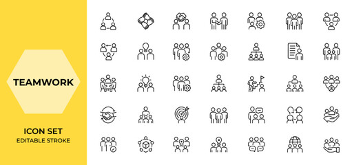 Line style teamwork icon set for web and mobile apps: collaboration, synergy, business cooperation, interaction, management, partnership, workplace, meeting, and more.