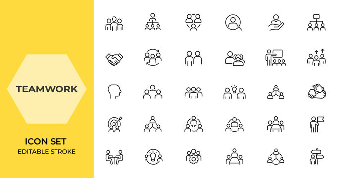 Teamwork Linear Icon Set – Editable Stroke Collection of Web Icons Featuring Team Building, Business People, Group, Human Resources, Community, Organization, Workshop, Team and more.