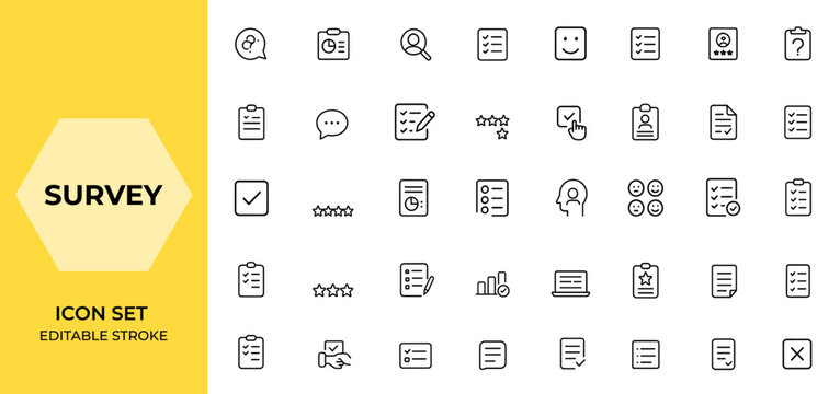 Linear Survey Icon Set with Editable Stroke. Collection of feedback and opinion icons including question, poll, research, review, satisfaction, answer, task, and more.