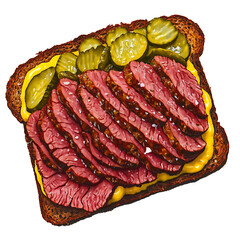 Sliced Deli Meat on Toast with Pickles and Mustard