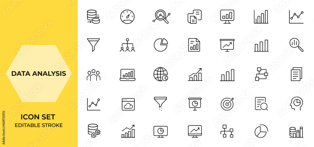 Aufkleber web and mobile app icons set for data analysis and analytics in line style. includes data processing
