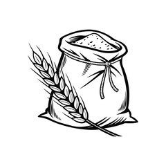 Hand-Drawn Sack of Flour with Wheat Ears – Vintage Farming and Baking Illustration


