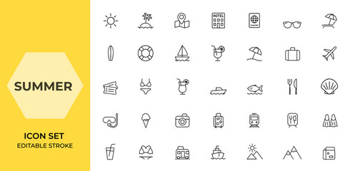 Line style summer web icon set for travel and tourism apps. Vacation, beach holidays, hotel, passport, luggage, sunglasses, and relax symbols. Vector illustration, mobile-ready, sunny getaway and more