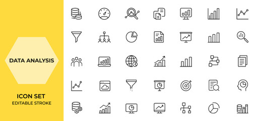 Web and mobile app icons set for data analysis and analytics in line style. Includes data processing, performance, research network, traffic analysis, statistics, graphs, and collection icons and more