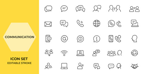 Line style communication icon set for web and mobile apps. Conversation, chat, consultation, speaking signs, discussion, speech bubble, contact us vector illustration, messaging and more.