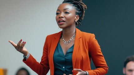 Woman in orange blazer speaking with hands gesturing