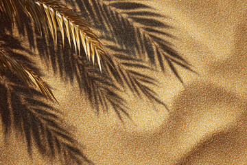 The textured surface of golden sand is marked by the shadows of palm leaves