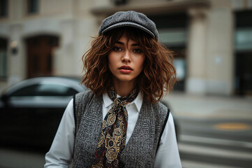 Parisian chic a woman in vintage attire embodies timeless elegance on a city street softly diffused